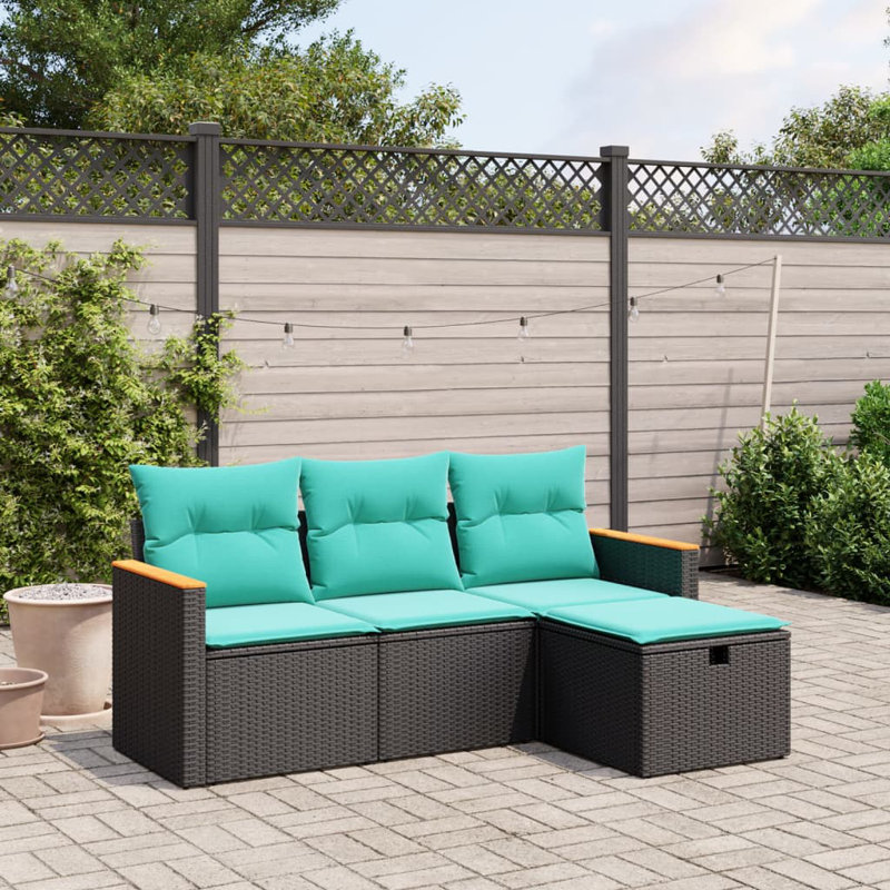 Ebern Designs 4 Piece Patio Sofa Set With Cushions Poly Rattan, Blue, Black