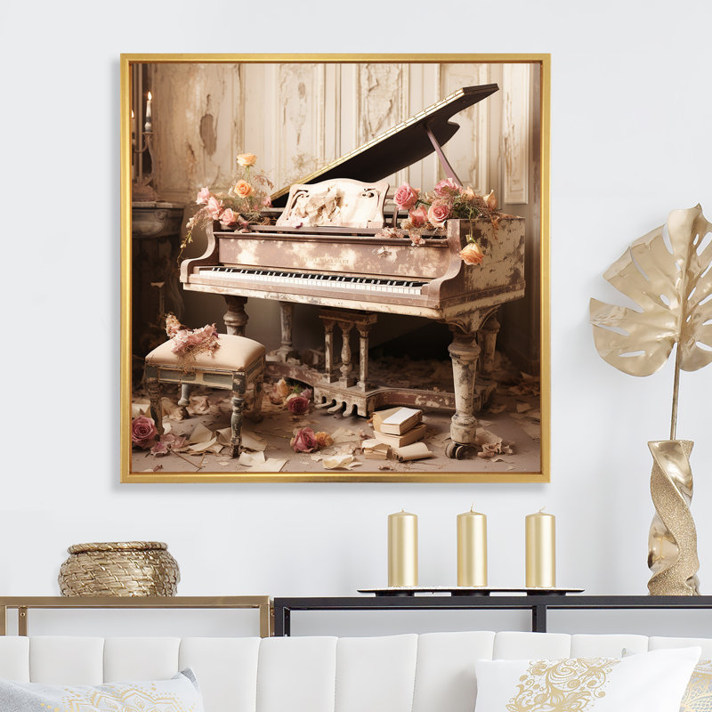 Vintge Piano Romantic Melody 1 - Piano, art mural, Cadre flottant doré, H 30 po x l 30 po x P 1,5 po