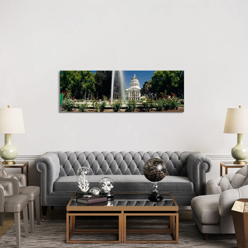 Fountain in a garden in front of a state capitol building, Sacramento, California, USA 1 Piece Wrapped Canvas Panoramic Wall Art