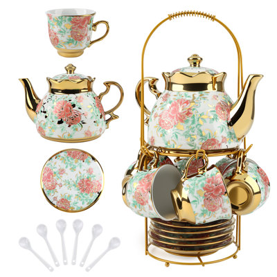 20Pcs Porcelain Tea Set for Adults, European Ceramic Tea Set Flower Ceramic Tea Cups, Teapot, & Saucers with Metal Holder for Women Tea Party (Blue)