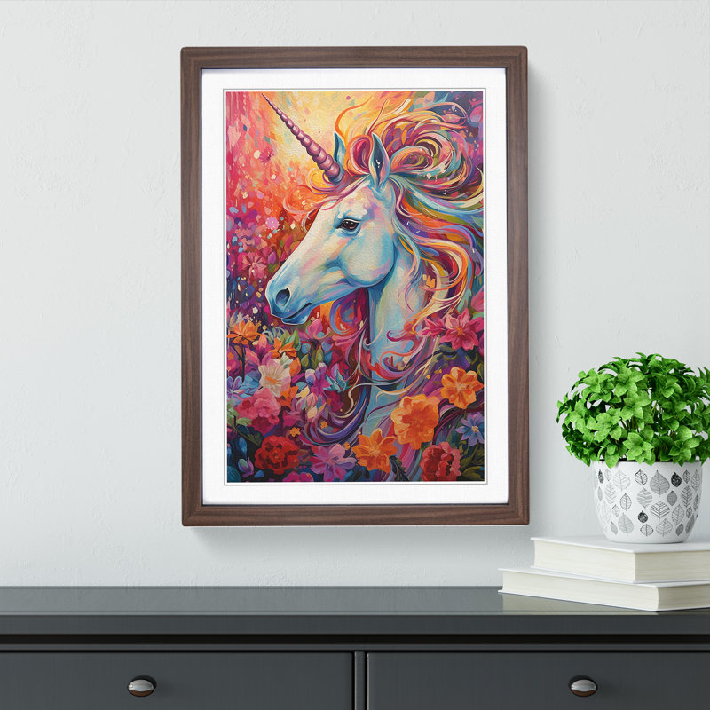 Unicorn Expressionism - Single Picture Frame Print on Wood, Walnut Framed, 34cm H x 25cm W