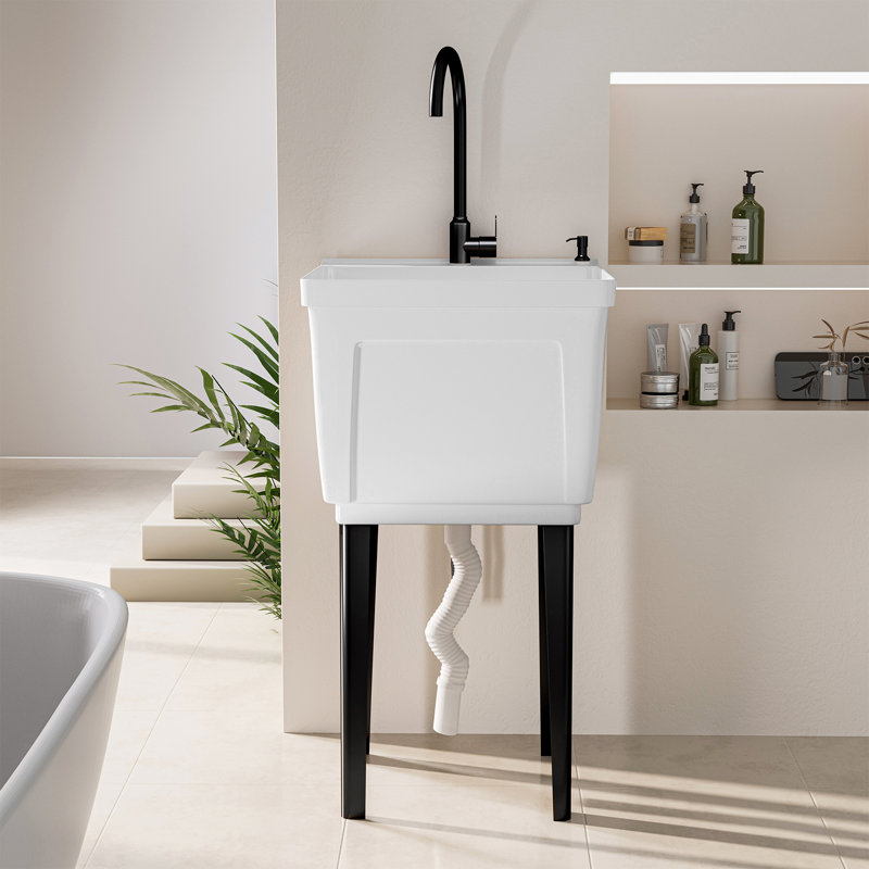 Évier utilitaire 18 gallons avec robinet en acier inoxydable, Blanc