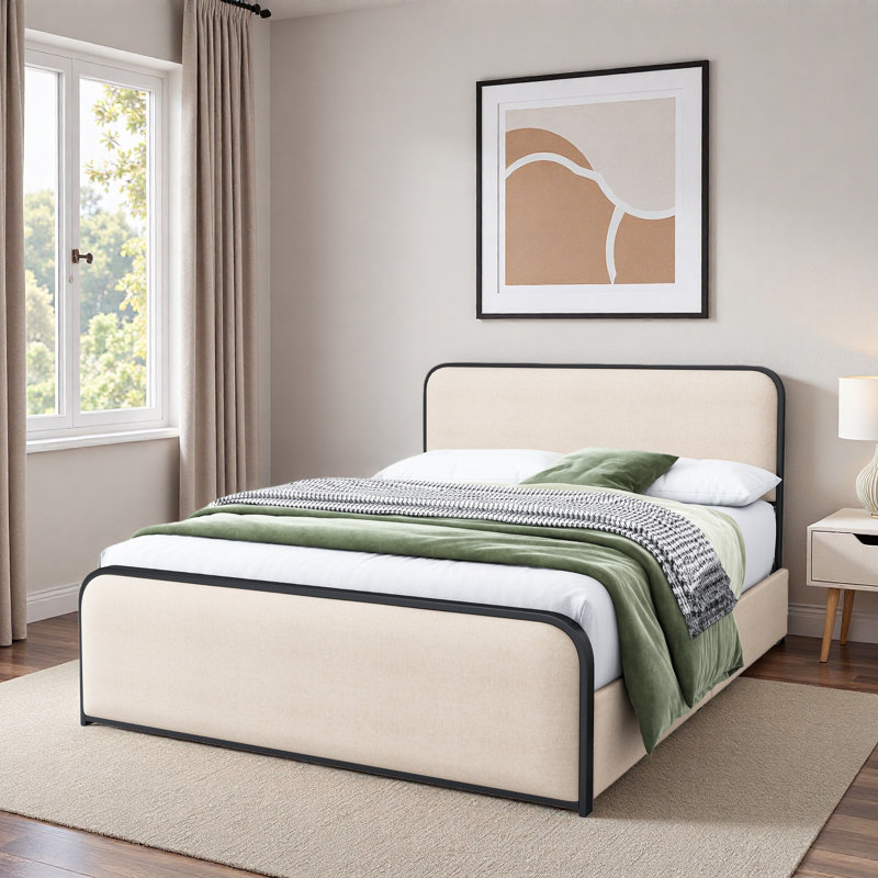 Lit moderne en métal avec tête de lit tapissier courbée et rangement sous le lit, Grand lit, Beige/noir