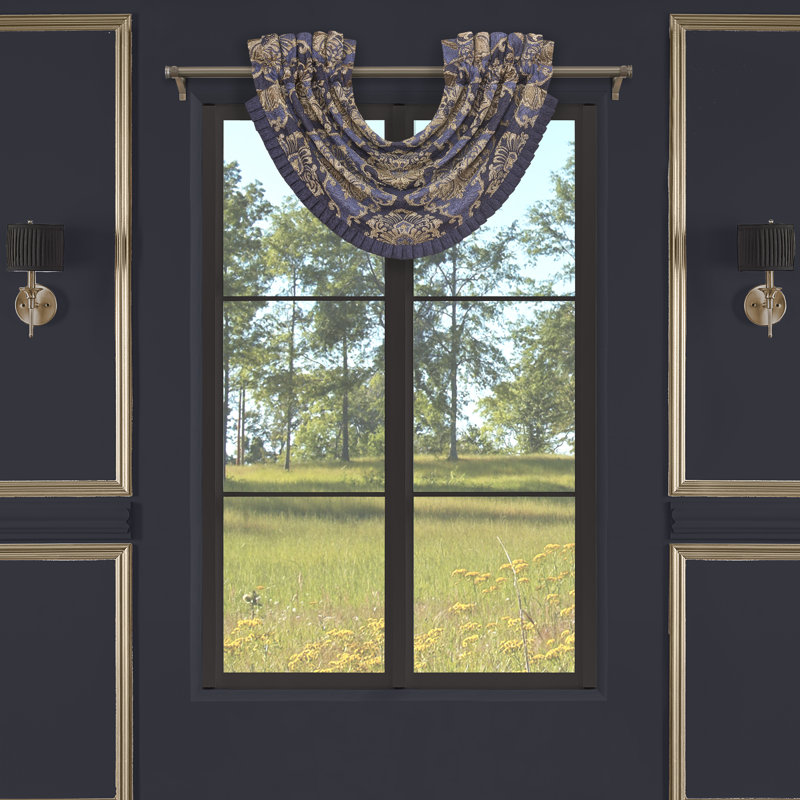 Woodstock Multicolor Damask Waterfall Valance with Trim Embellishment