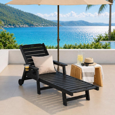4 PCS Outdoor Chaise Lounge Chair with 5-Position Adjustable Backrest and Armrests, Detachable Cup Holder & Removable Casters