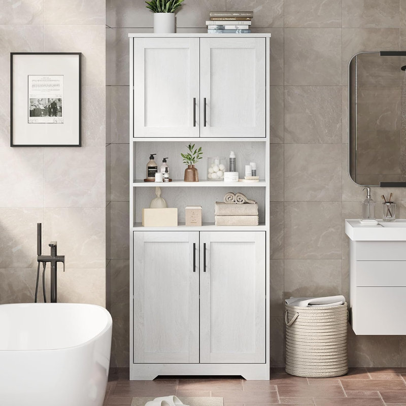 Armoire de rangement autoportante blanche de 67 po de hauteur, garde-manger 4 portes pour salle de bain / salon, tablettes réglables