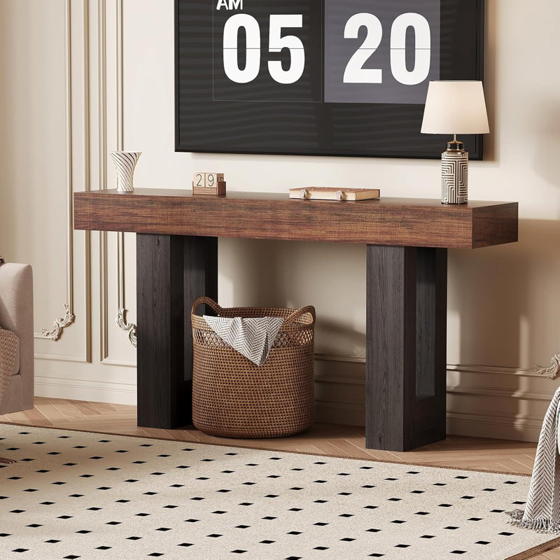 63" Console Sofa Table with Charging Station, Narrow Entryway Table, Dark Gray/Brown