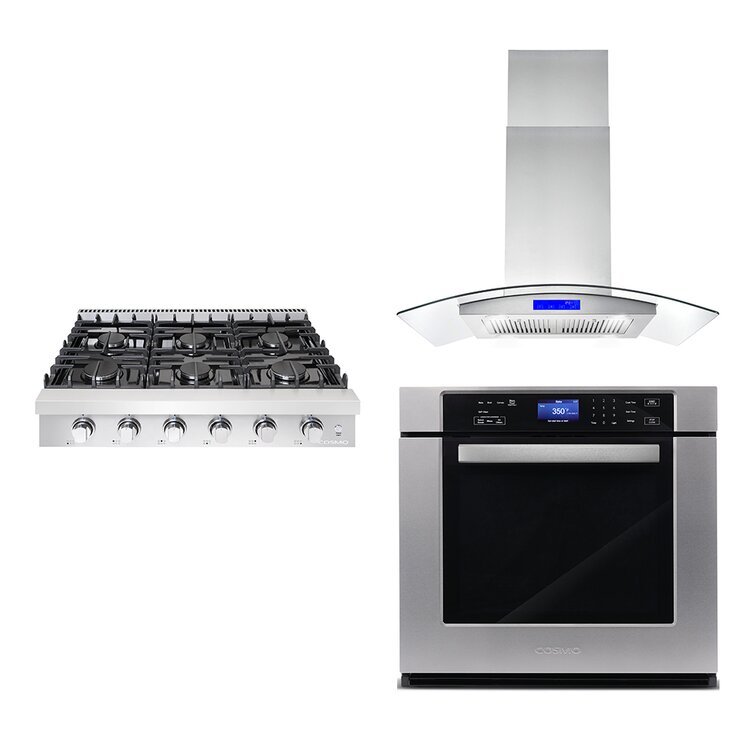 Cosmo 3 Piece Kitchen Appliance Package with 36 inch Electric Cooktop 36 inch Wall Mount Range Hood 30 inch Single Electric Wall Oven Kitchen