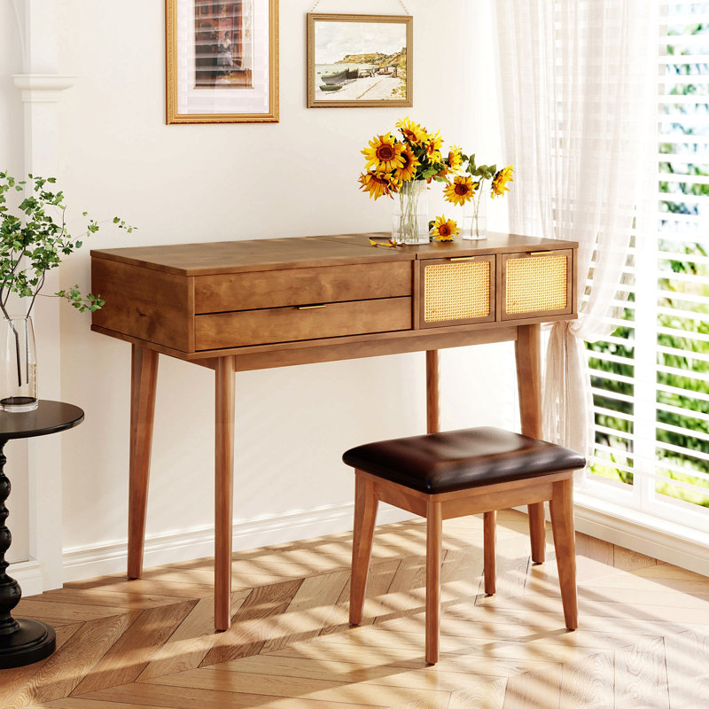 Ensemble coiffeuse 43,3 "en bois avec miroir rabattable et tabouret, coiffeuse avec trois tiroirs et espace de rangement