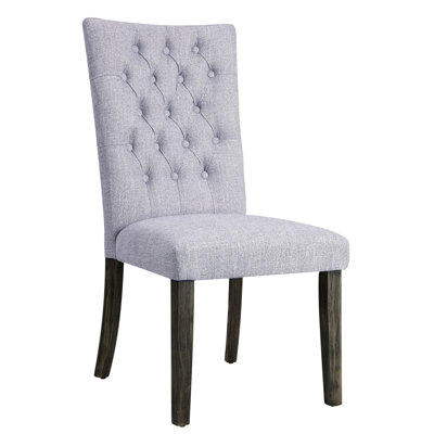 Grey Linen Side Chair Of 2, Armless With High , Standard Dining Height Stationary Seat, Padded Fabric Cushion On Seat & Back, Square Button - Oak Finish Tapered Wood Legs, 220Lbs Weight Capacity, 18"