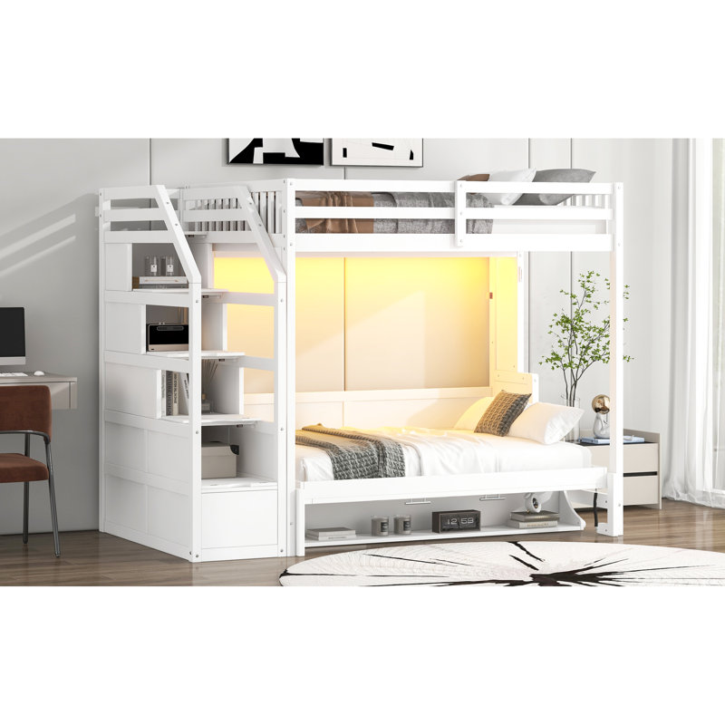Lit mezzanine double blanc avec escalier de rangement, lit pliable, éclairage à DEL et garde-corps de grande capacité