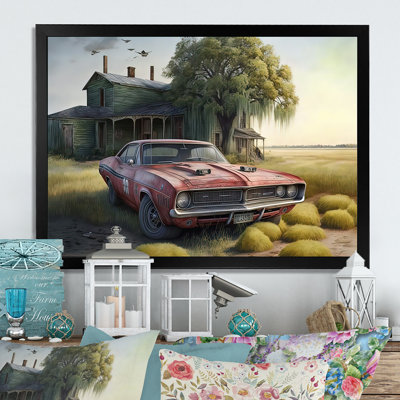 " Orange Muscle Car At The Barn " Painting Print