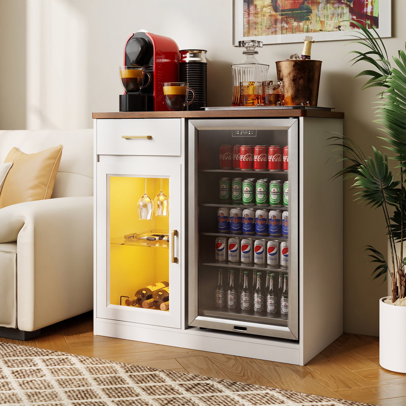 Armoire à café, armoire à vin avec bande lumineuse à DEL, prise de courant, support à vin pour mini-réfrigérateur, Blanc