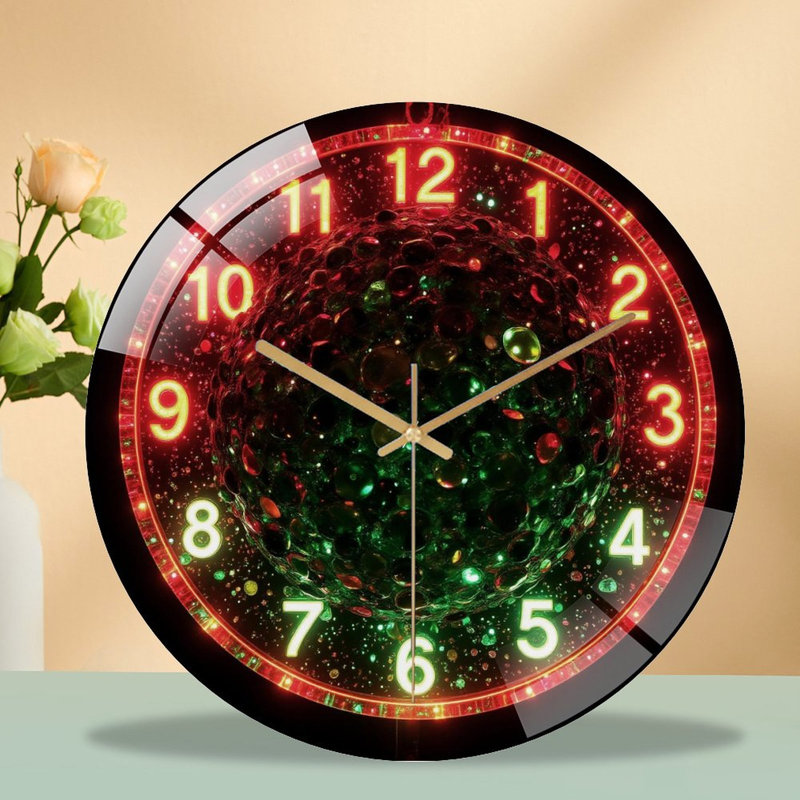 Horloge murale en verre rouge-néon-avec-sphère-verte