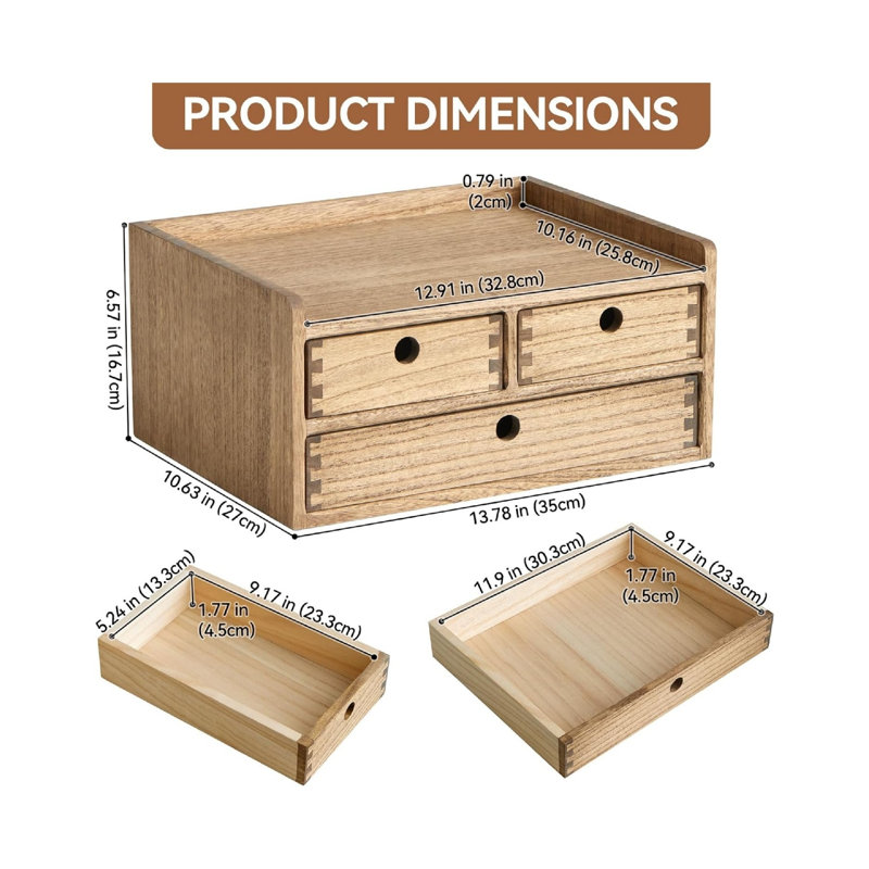 Wood Desktop Organizer with 3 Drawers & 1 Shelf, Wooden Storage Box for Home Workspace & Office Supplies, Dark Brown