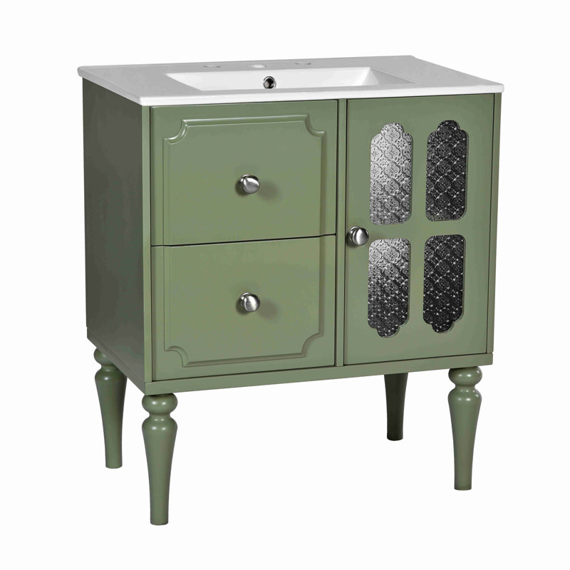 Meuble-lavabo de salle de bain de style rétro avec lavabo en céramique 30 po, meuble-lavabo simple autoportant avec 2 tiroirs, armoire de rangement en bois massif