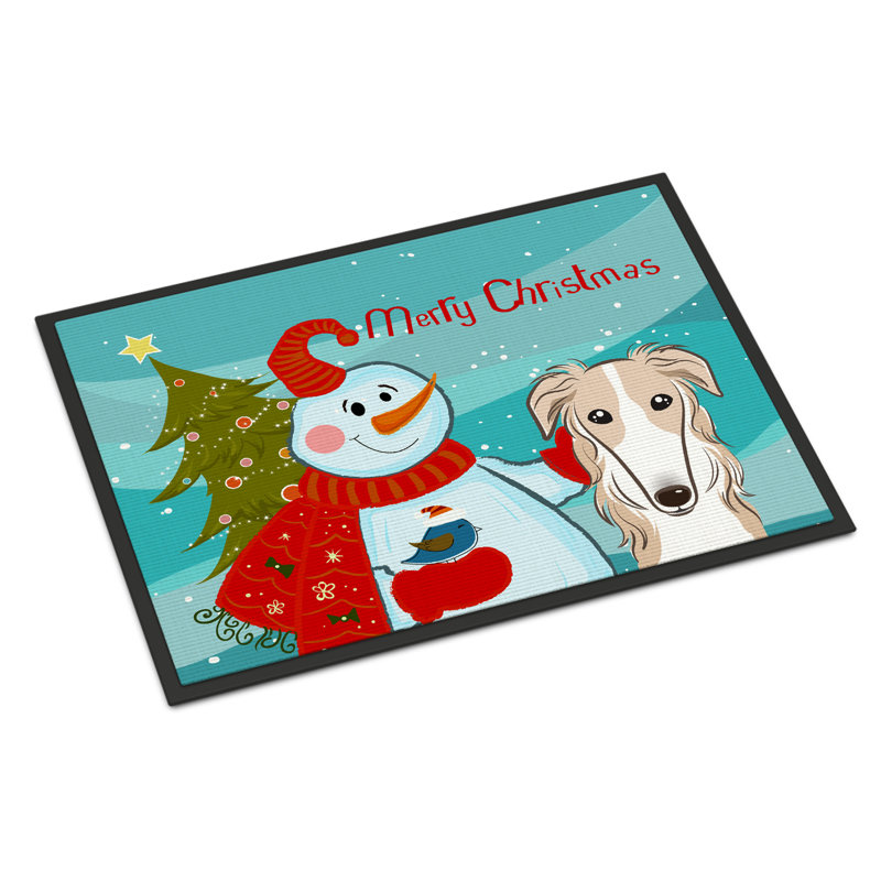 Tapis de porte d’extérieur anti-dérapant bonhomme de neige avec barzoï, Rectangle 2 pi x 3 pi