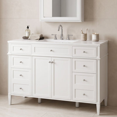 Meuble-lavabo autoportant avec comptoir en composite, 6 tiroirs, portes à fermeture en douceur et armoire de rangement
