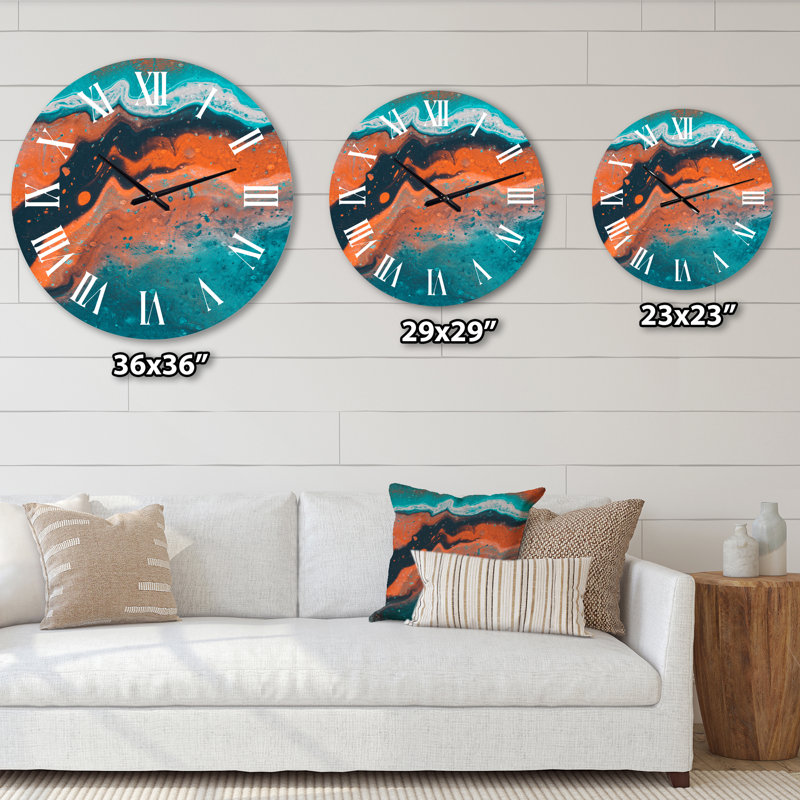 Composition abstraite de marbre en bleu et orange VI - horloge murale moderne, Moyenne