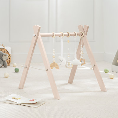 Comfy Cubs Wooden Baby Play Gym - Natural Finish Pinewood Baby Activity Gym with 5 Sensory Hanging Toys - Easy No-Tool Assembly for Infant Motor and Visual Development