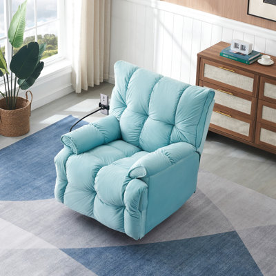 Chaise en velours cyan avec dossier réglable et siège simple moelleux, plateau avec accoudoirs