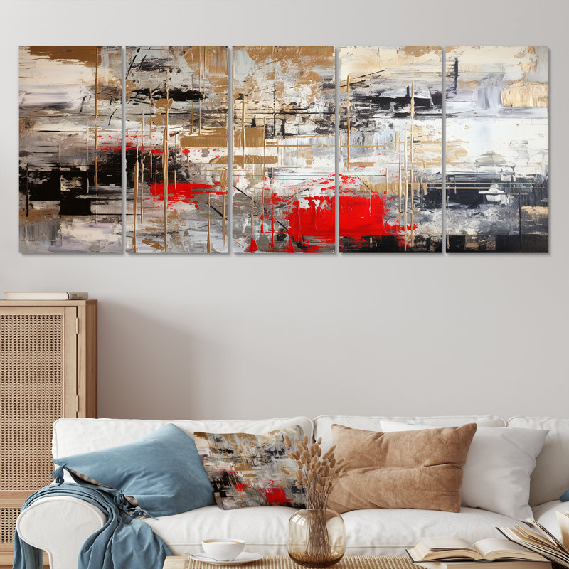 Art mural rouge géométrique abstrait et minimaliste 5 pièces, H 32 po x l 80 po