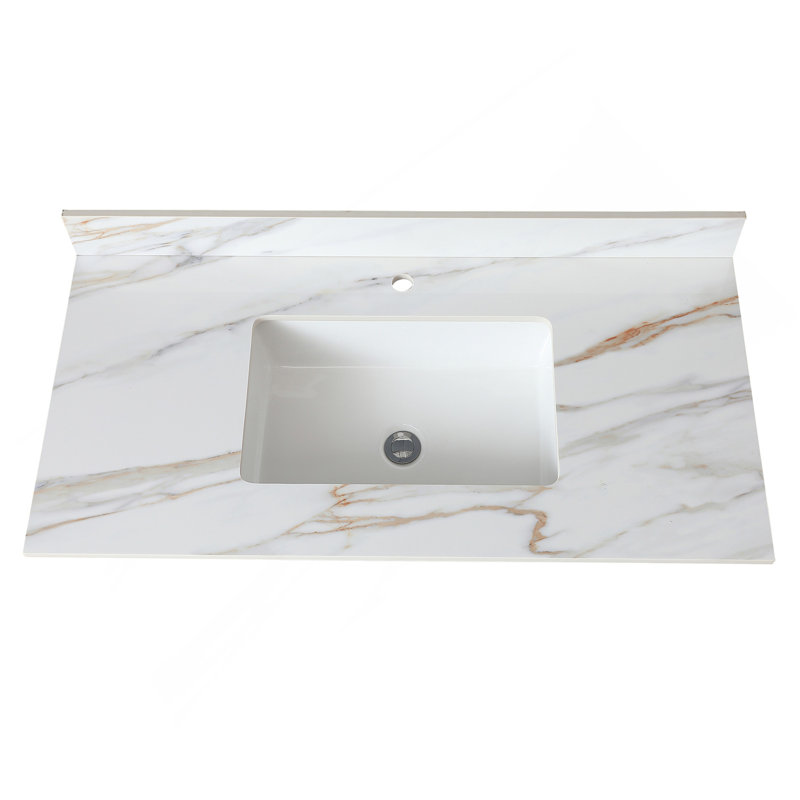Comptoir de meuble-lavabo en marbre 43 po, comptoir de salle de bain avec lavabo central encastré rectangulaire et dosseret de 4 po de hauteur, comptoir pré-percé, blanc de Carrare avec veines