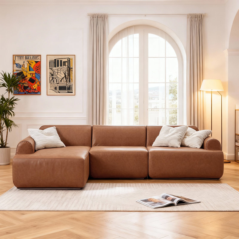 Coryna 105'' Modular Compression Sectional Sofa With High-Density Foam And PU leather, Antique Brown Faux Leather