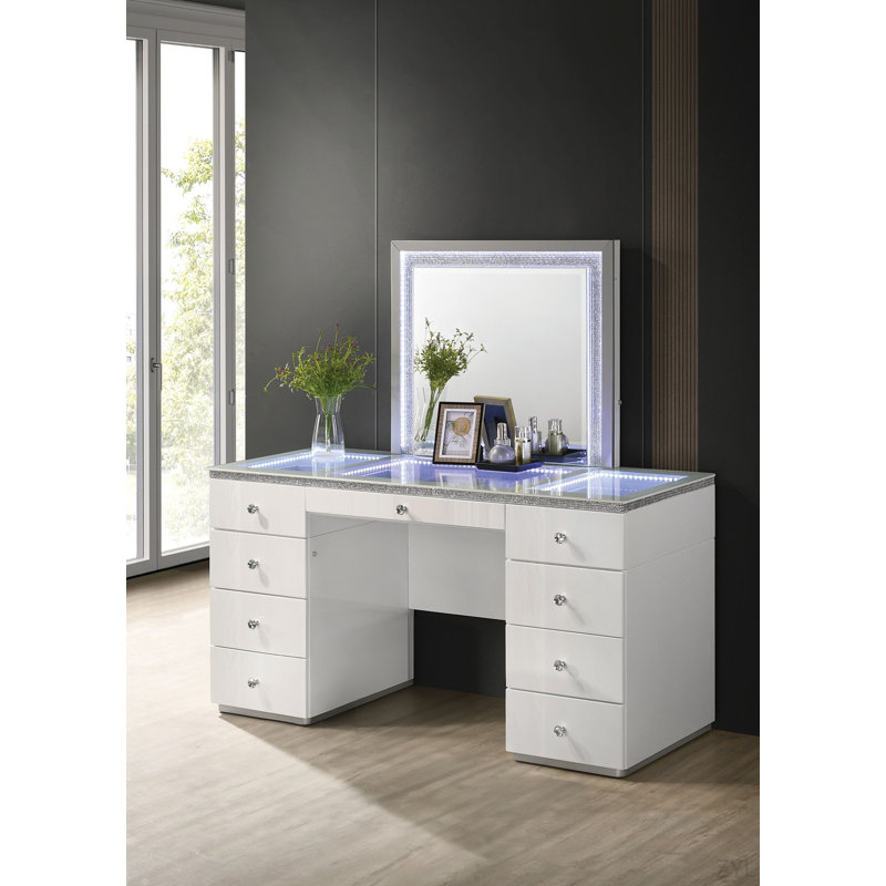 Contemporary Style 1Pc Vanity Tempered Glass Top Ball Bearing Glides High Gloss Finish Stainless Steel Beveled Mirror White Finish Bedroom Furniture