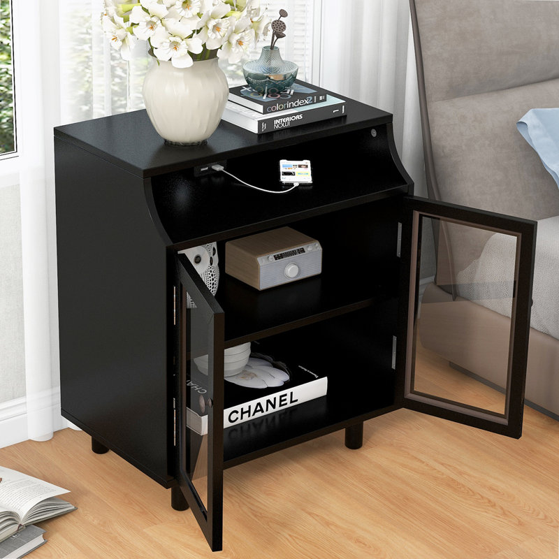 Table de chevet avec tablettes de rangement et armoires Porte vitrée, USB pour salon Chambre à coucher, Noir
