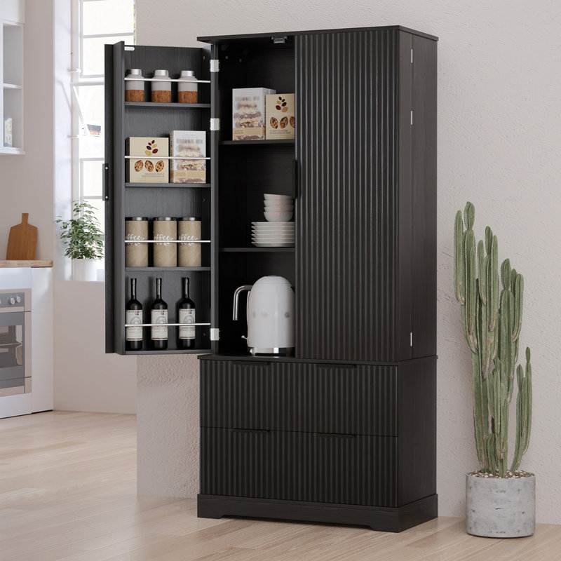 72" Modern Fluted Kitchen Pantry Cabinet With 2 Large Drawers & 8-Door Spice Rack, Freestanding Storage Organizer For Bathroom, Dining Room, Office, Entryway, Black