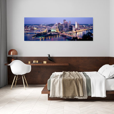 Buildings in a city lit up at dusk Pittsburgh Allegheny County Pennsylvania USA 1 Piece Wrapped Canvas Panoramic Wall Art
