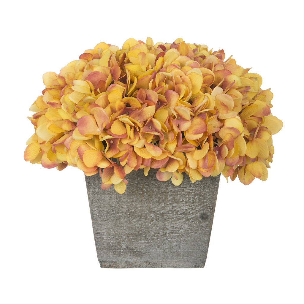 Fabric Hydrangea Arrangement in Planter August Grove® Flower Color: Gold / Burgundy