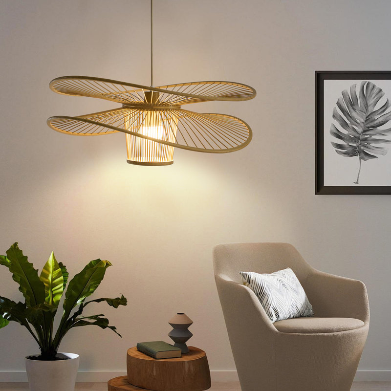 Wing-shaped Durable Handwoven Bamboo Pendant Light, Natural