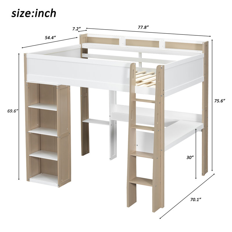 Full Loft Bed With Built-In Desk&Bookshelf, Natural