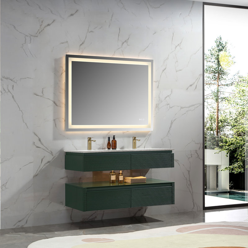  48" Modern Floating Double Bathroom Vanity with Engineered Stone Top and LED Light, Green