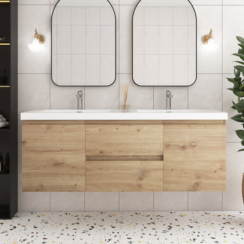Meuble-lavabo double 60 po avec plateau en résine intégré 60 po,  Chêne
