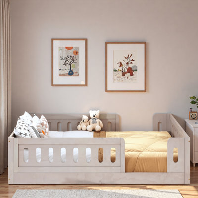 Wood Platform Bed With Guardrail And Sturdy Construction
