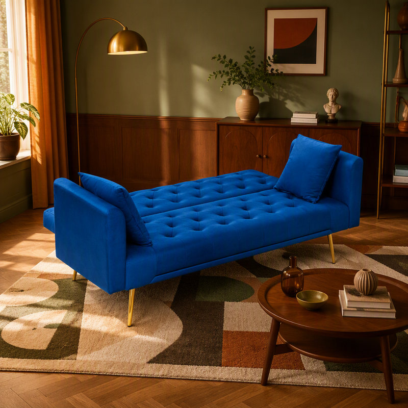 Canapé-lit double convertible pliant pour salon Eta, Velours bleu