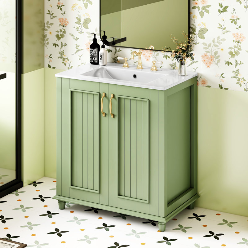 Meuble-lavabo de 30 po avec lavabo en céramique, ensemble de meuble-lavabo autoportant avec tiroir caché, armoire de rangement pour la salle de bain