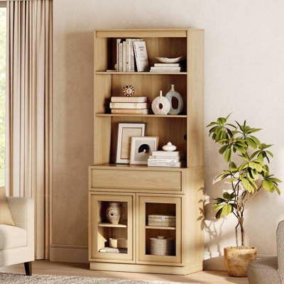 Modern 72" Tall Bookshelf with Glass Doors and Adjustable Shelves, Library Bookcase with Storage Cabinet and Drawer, Wood Book shelf for Home Office,