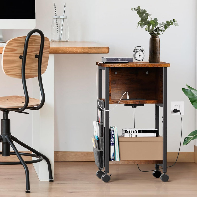Petite table de bout avec chargeur, table d'appoint sur roulettes, table de chevet mobile avec ports USB, table d'appoint avec rangement pour petits espaces, salon, chambre à coucher, bureau, bureau à domicile