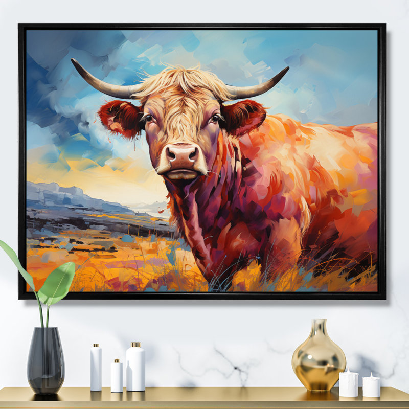 Vache, campagne, palette IV - impression, H 16 po x l 32 po x P 1 po, Cadre flottant noir