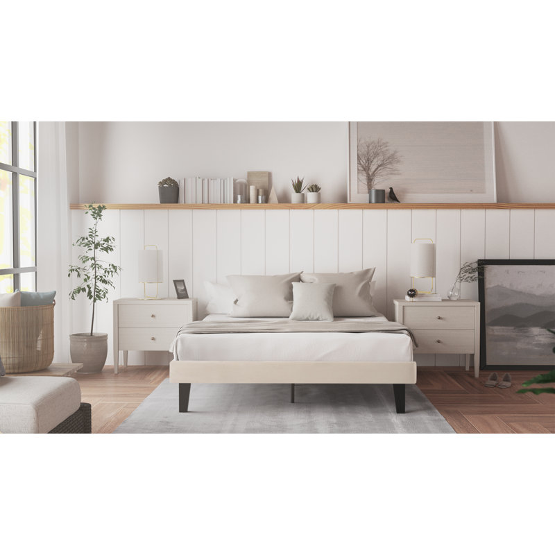 Brin 14" Upholstered Platform Bed with Solid Deck, Queen, Ivory