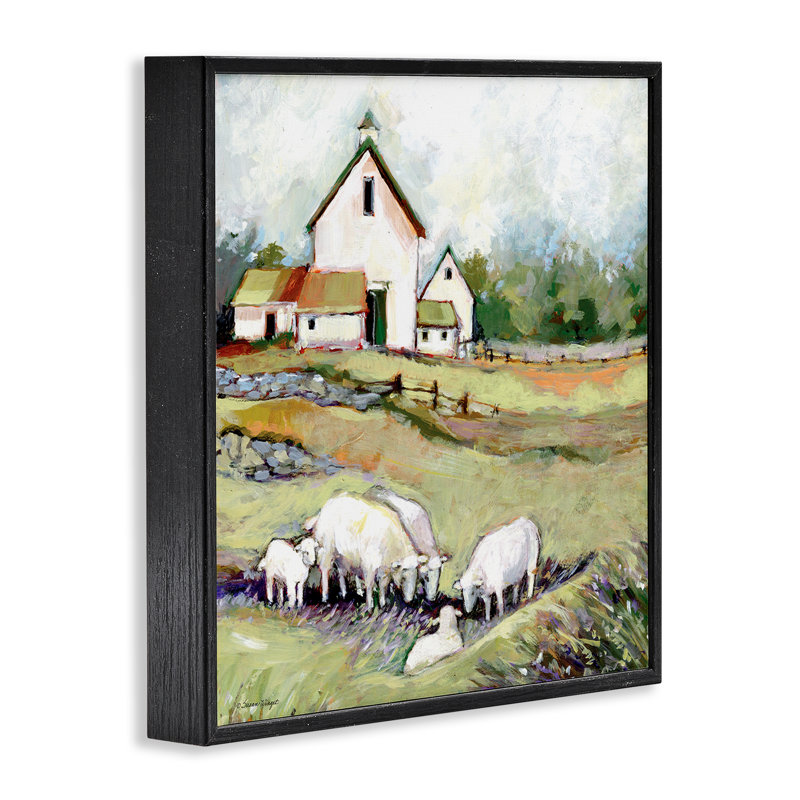 Mouton paissant à la grange, estampe numérique, conception par Susan Winget, Giclée encadrée noir minuit, H 12 po x l 12 po