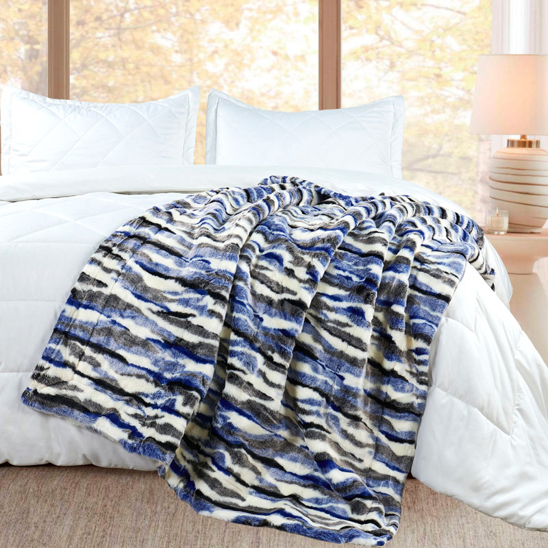 Jeté en fausse fourrure multi jacquard avec revers en microfibre lisse, Bleu