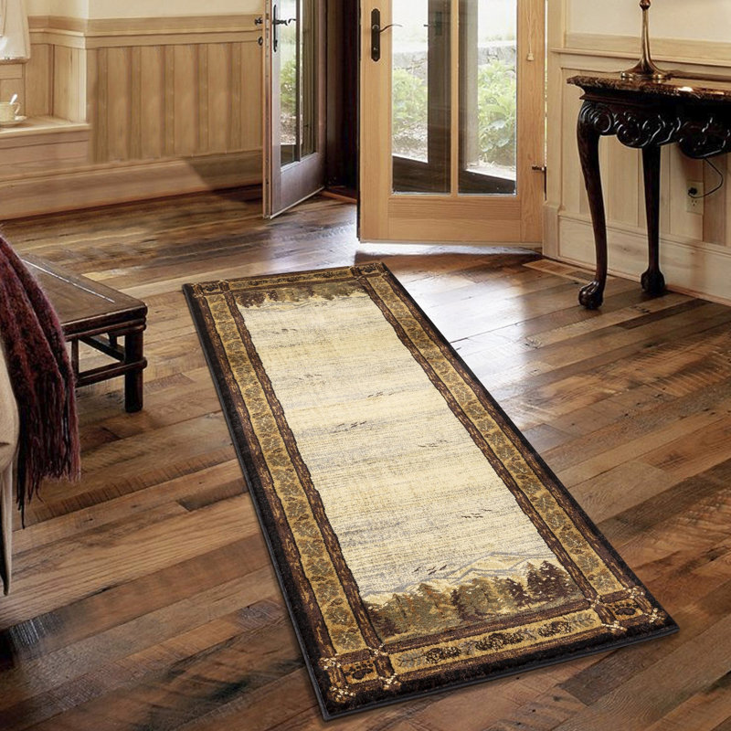 Tapis de style chalet 2,39 m x 0,91 m - Paysage naturel, en polypropylène antitache, pour les zones à fort passage., Noir