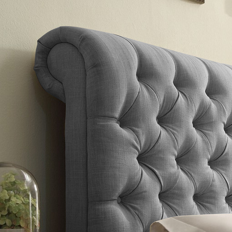 Lit tapissier en tissu, base de lit à hauteur réglable capitonnée, Gris, Full