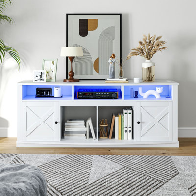 80In Wooden Farmhouse Entertainment Center For 85 Inch Tv,Double Layer Storage Farmhouse Tv Stand,Double-Row Sockets With Wood Sliding Barn Door Tv Stand