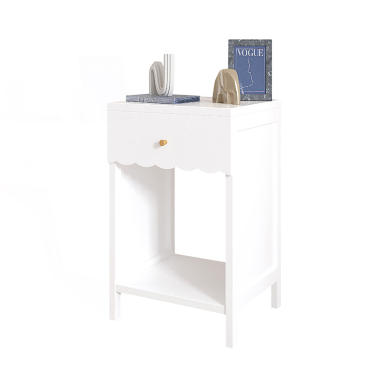 Modern Nightstand With Drawer And Open Shelf, Scalloped Edge Bedside Table